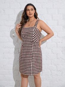 SHEIN Privé Cộng với trang phục in họa tiết Houndstooth không có áo - Đỏ - Xem 5