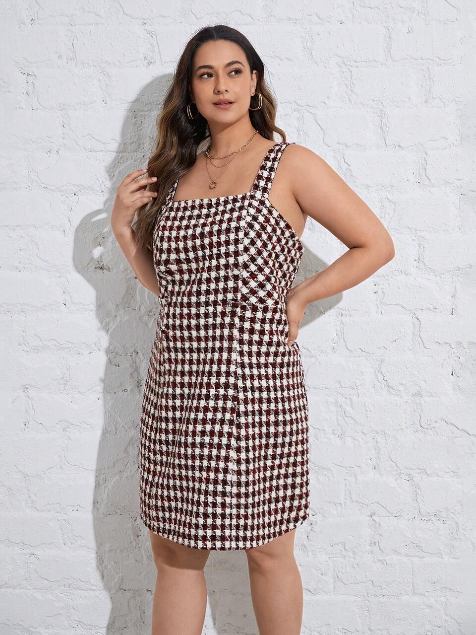 Plus Houndstooth Print Overall Dress Without Blouse
