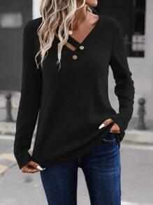SHEIN LUNE Button Detail V Neck Tee - Black - View 4