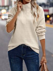 SHEIN Essnce 半拉鏈落肩袖運動衫 - 杏色 - 查看 3