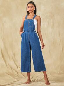 SHEIN EZwear Slant Pocket Wide Leg Denim Dungarees Without Tube Top - Medium Wash - View 5