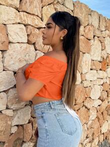 SHEIN SXY 露肩繫帶短款襯衫 - 橘色 - 查看 3