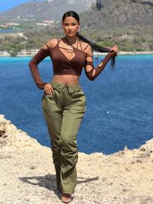 SHEIN SXY Solid Cutout Crop Tee - Brown - View 3