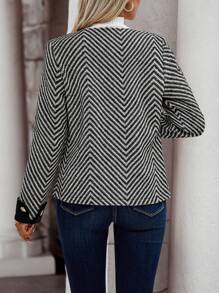 SHEIN Clasi Chevron Print Double Breasted Blazer - Black - View 2