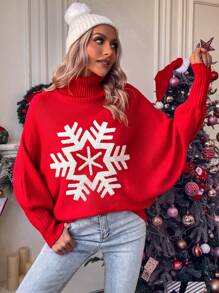 EMERY ROSE Christmas Snowflake Pattern Turtleneck Batwing Sleeve Sweater For New Year Knit Pullover Fall Winter Sweater - Red - View 3