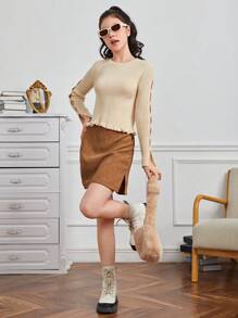 Teen Girl Cut Out Split Sleeve Lettuce Trim Ribbed Knit Sweater