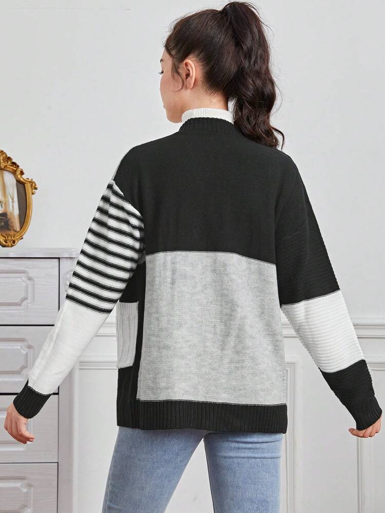Teen Girl Striped Pattern Colorblock Dual Pocket Drop Shoulder Cardigan