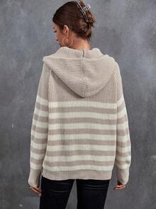 SHEIN LUNE Áo len trùm đầu có dây rút tay áo Raglan sọc sọc - Màu Khaki - Xem 2