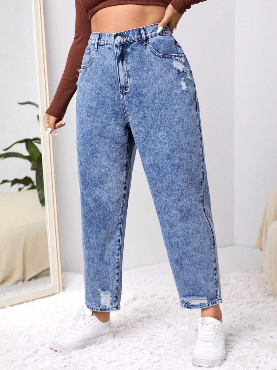 SHEIN EZwear Talla grande Jeans ajustados mom desgarro - Azul - Ver 1