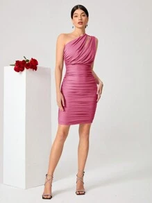 SHEIN Belle Vestido ajustado con pliegues y abertura en un hombro - Rosa Fucsia - Ver 4