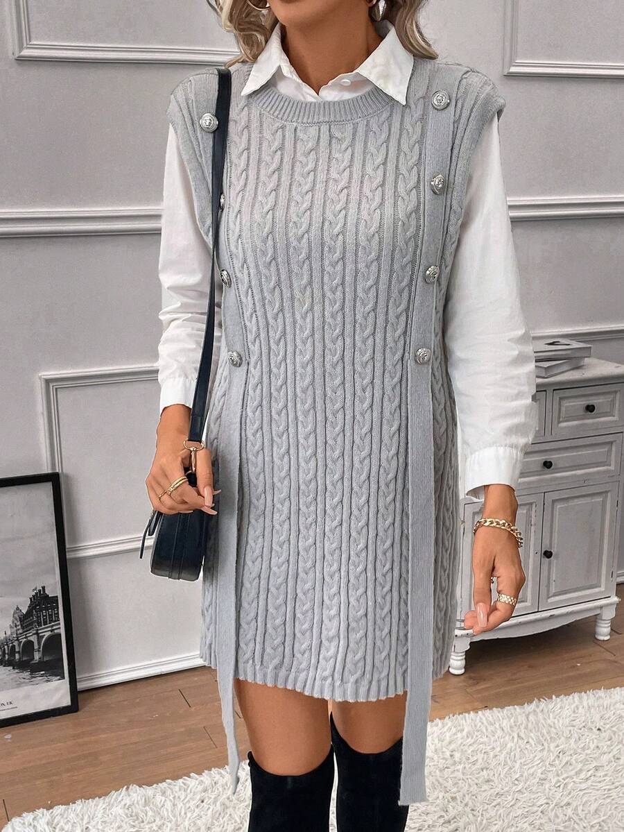 SHEIN Clasi 1pc Button Detail Cable Knit Sweater Vest - Grey - View 1
