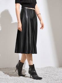 SHEIN Essnce PU Leather Pleated Skirt - Black - View 4