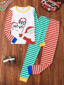 Tween Girl Striped & Christmas Print Snug Fit PJ Set - Multicolor - View 1