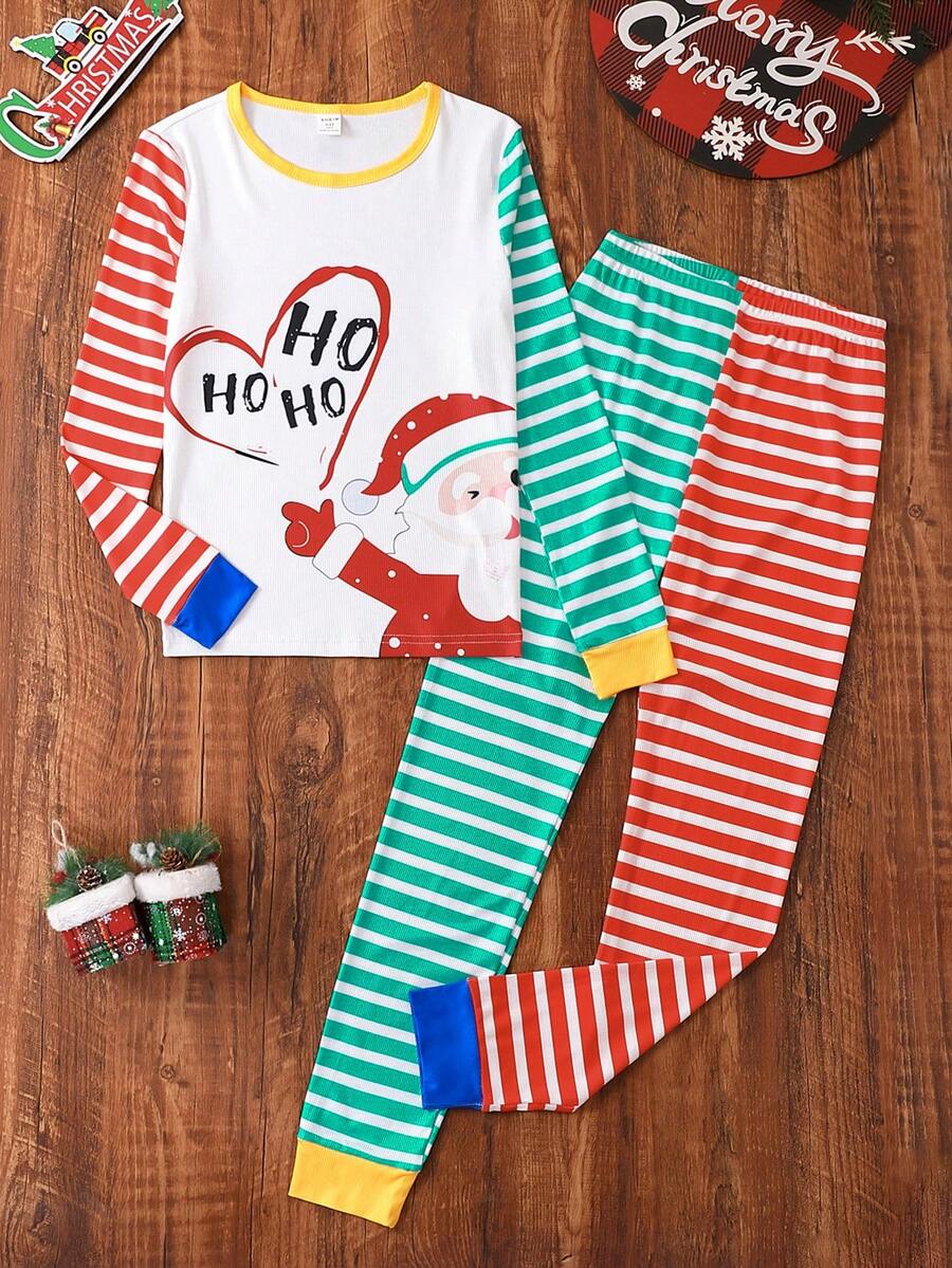 Tween Girl Striped & Christmas Print Snug Fit PJ Set - Multicolor - View 1