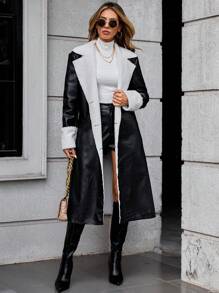 SHEIN LUNE Teddy Lined PU Leather Coat - Black - View 1