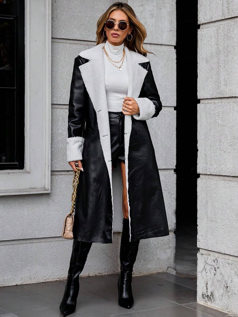 SHEIN LUNE Teddy Lined PU Leather Coat - Black - View 1