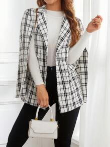 SHEIN Privé 格子印花斗篷袖西裝外套 - 白色 - 查看 1