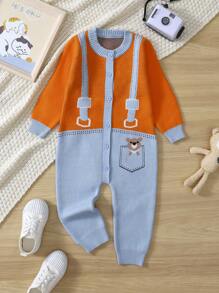 Baby Boy Cartoon Pattern Colorblock Button Up Knit Jumpsuit - Multicolor - View 1