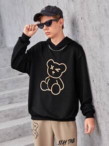 SHEIN 青少年男孩小熊印花落肩袖連帽衫&字母圖案衛褲 - 彩色 - 查看 3