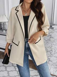 SHEIN Franclia Plus Contrast Binding Roll Tab Sleeve Blazer - Apricot - View 1