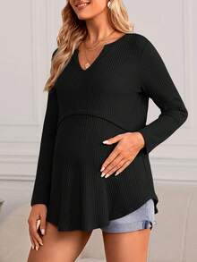 SHEIN 孕婦華夫格針織缺口領口弧形下擺T恤 - 黑色 - 查看 3