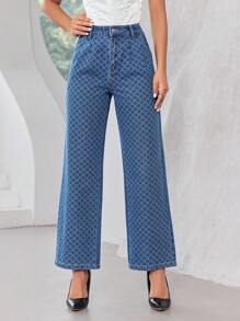 SHEIN Privé High Waist Plaid Wide Leg Jeans - Medium Wash - View 1