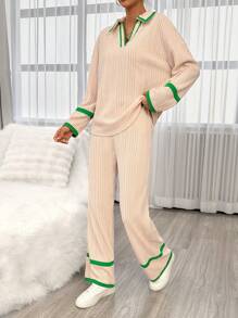 SHEIN Essnce Contrast Trim Drop Shoulder Sweatshirt & Pants - Multicolor - View 5