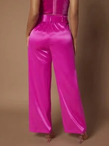 SHEIN SXY 高腰腰帶闊腿褲 - 玫紅色 - 查看 2