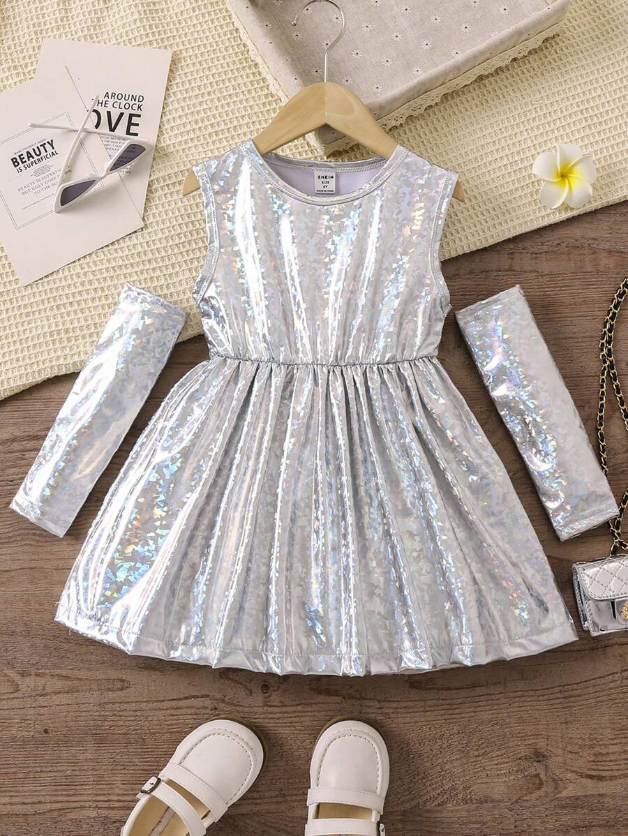 SHEIN Young Girl Fashionable And Elegant Casual Dress, Suitable For Parties, School And Travel, Perfect For Spring, Summer And Autumn, Versatile, Classic, Sweet, Cool And Fashionable. Silver Open Shoulder Shiny Party Dress With Sparkling Glitter For Any Occasion.,Holiday,Summer,Travel - Silver - View 1