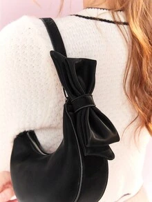 SHEIN MOD 女性黑色PU皮革單肩包帶腋下拉鍊,蝴蝶結裝飾用品,時尚和時髦極簡主義設計 - 黑色 - 查看 4