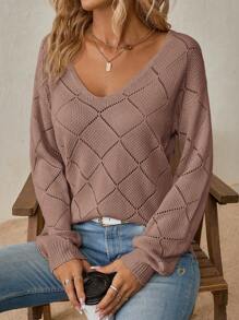 SHEIN Clasi Solid Pointelle Knit V Neck Sweater,Long Sleeve Tops In Fall/Winter - Dusty Pink - View 4