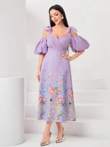 Modelyn 碎花露肩泡泡袖洋裝（無腰帶） - 淡紫色 - 查看 3