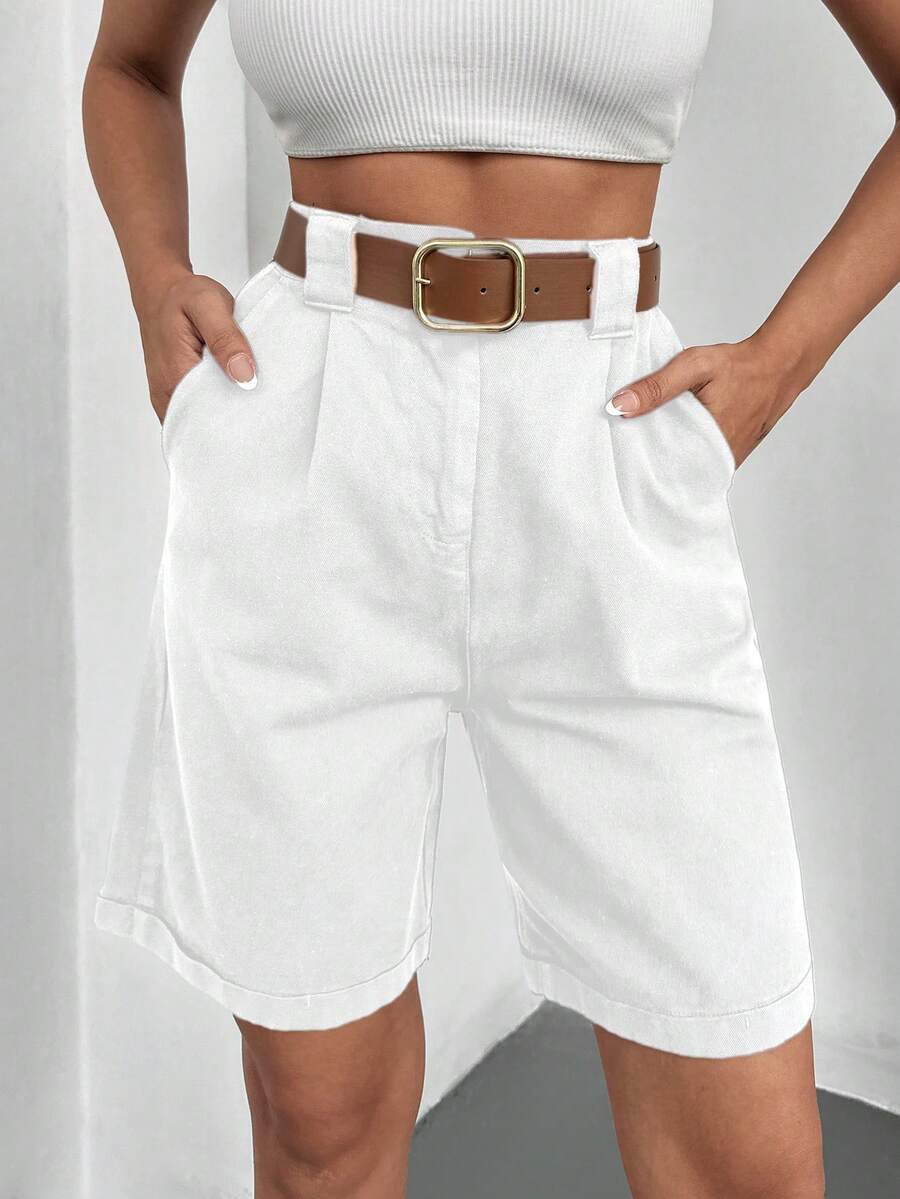 Cottnline Bermuda Belted Denim Shorts - White - View 1
