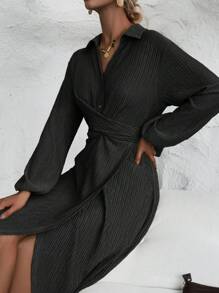 SHEIN Clasi Lantern Sleeve Wrap Hem Tie Back Dress - Black - View 5