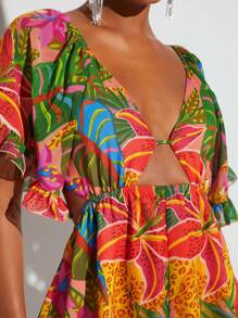 SHEIN VCAY 熱帶印花正面鏤空荷葉邊袖連身衣 - 彩色 - 查看 3