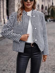 SHEIN Clasi Houndstooth Print Button Front Jacket - Black and White - View 1