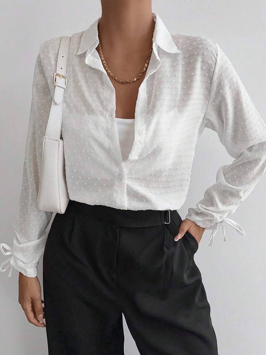 EURMUSE 瑞士圓點結袖口鈕扣襯衫 - 白色 - 查看 1