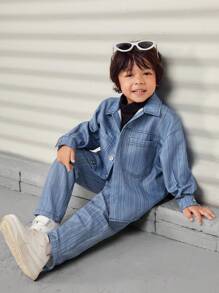 SHEIN Young Boys Casual Loose Jeans Texture Lapel Jacket + Straight Pants Set, Thermal Lined, Thickened - Blue - View 3