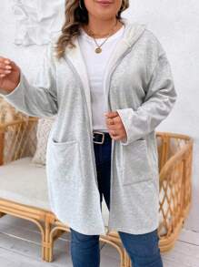 SHEIN LUNE 大碼雙口袋落肩袖連帽外套 - 淺灰色 - 查看 1