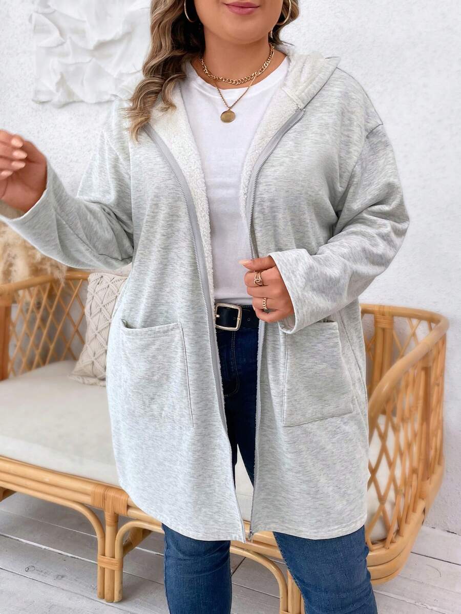 SHEIN LUNE 大碼雙口袋落肩袖連帽外套 - 淺灰色 - 查看 1