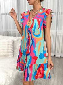 SHEIN Unity Allover Print Ruffle Trim Ruffle Hem Smock Dress - Pink - View 3