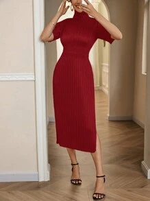 GENKIRA High Neck Split Side Dress - Red - View 4