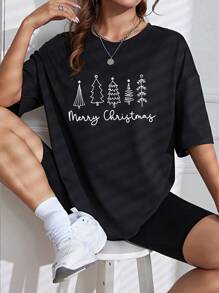 SHEIN EZwear 圣诞印花落肩 T 恤 图案 T 恤 女式上衣 - 黑色 - 查看 1