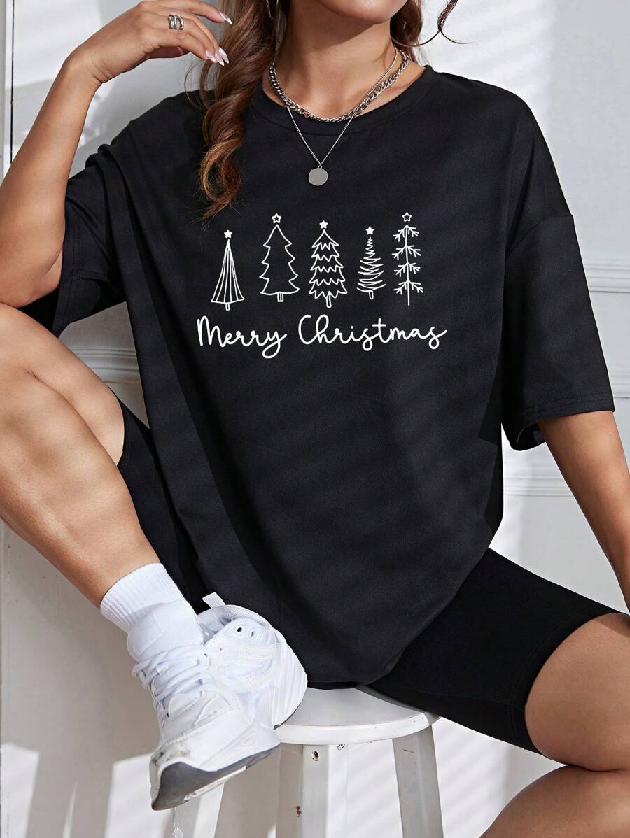 SHEIN EZwear 圣诞印花落肩 T 恤 图案 T 恤 女式上衣 - 黑色 - 查看 1