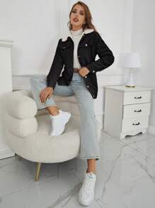 Eilly Bazar Borg Collar Flap Detail Coat - Black - View 6