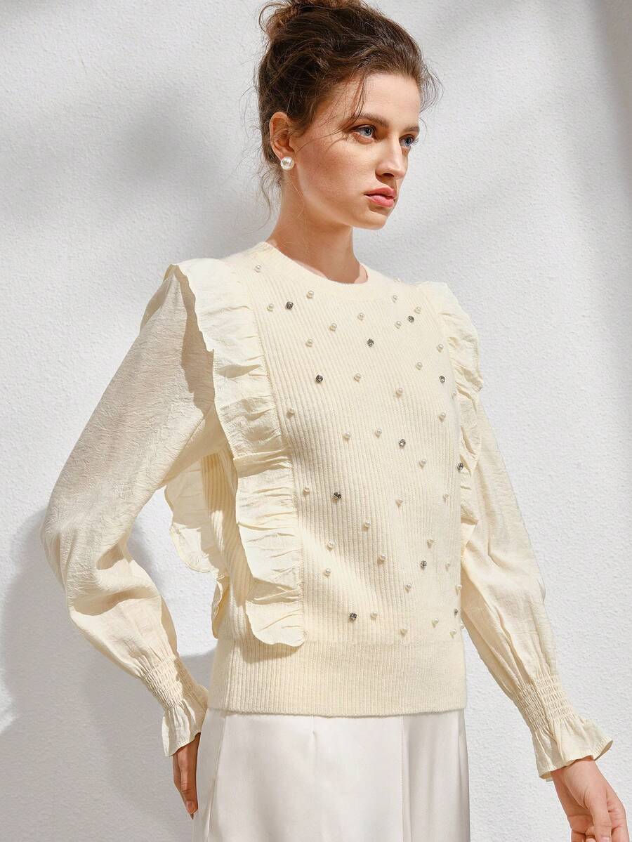 Anewsta Top con mangas con volantes y ribete de volantes con cuentas de perlas