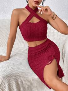 SHEIN Privé 交叉掛脖上衣和抽繩開衩大腿裙 - 酒紅色 - 查看 5