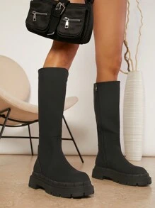 SHUZIA Round Toe Knee High Lug Sole Boots