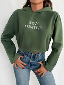 RueChic Slogan Graphic Drop Shoulder Hooded Crop Tee - Green - View 4