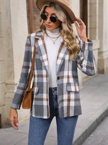 SHEIN LUNE Áo blazer cổ có họa tiết kẻ sọc - Xám - Xem 3